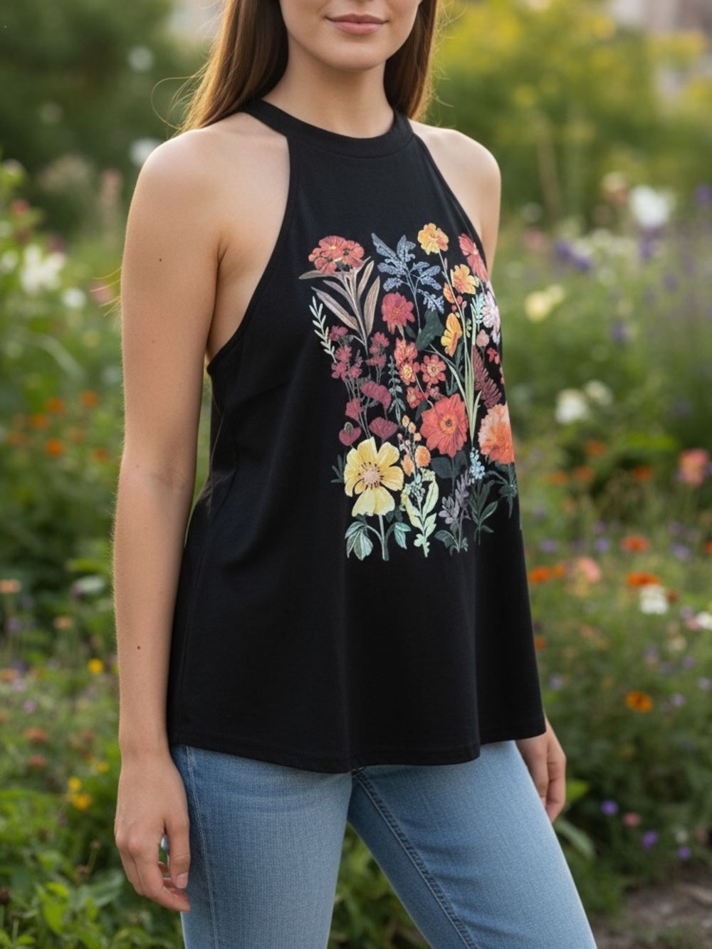 Black Floral High-Neck Tank Top